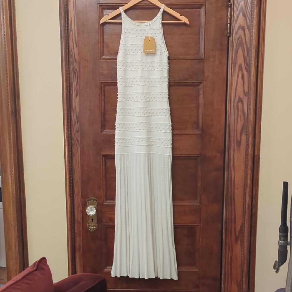 NWT Sandro Pearl Beaded Knit Dress | Parisian Midi | White - Size XS - 34